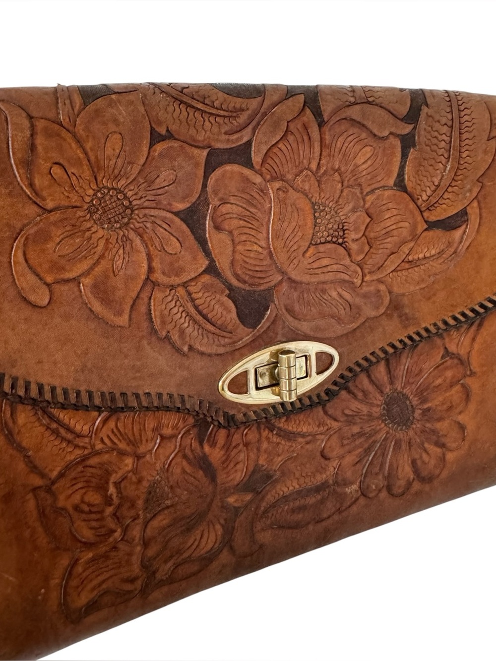 70s Artisan 12” Tooled Leather Floral Clutch Bag Boho Western Hippie Vintage